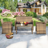 KROFEM 4 Pieces Rattan Patio Furniture Set,Outside Sectional Conversation Cushioned Sofa Set, Wicker Sofa Ideal for Garden, Porch, Backyard, Natural Rattan with Black Cushion KROFEM