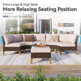 GREEN PARTY 7 Pieces Wicker Patio Furniture Set, All-Weather Outdoor Rattan Half-Moon Patio Curved Sectional Sofa Conversation Set for Garden, Backyard, 2 x Ottomans GREEN PARTY