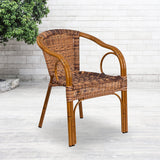 EMMA + OLIVER Brown Rattan Patio Chair with Dark Red Bamboo-Aluminum Frame EMMA + OLIVER