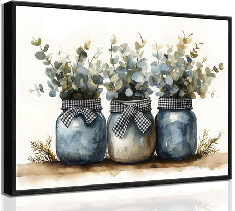 Black Frame Plants Canvas Wall Art Rustic Minimalist Mason Jars Black And White Plaid Bow Eucalyptus leaves Farmhouse Vintage Botanical Pictures Wall Decor Poster Print Artwor For Dining Room kitchen JJX