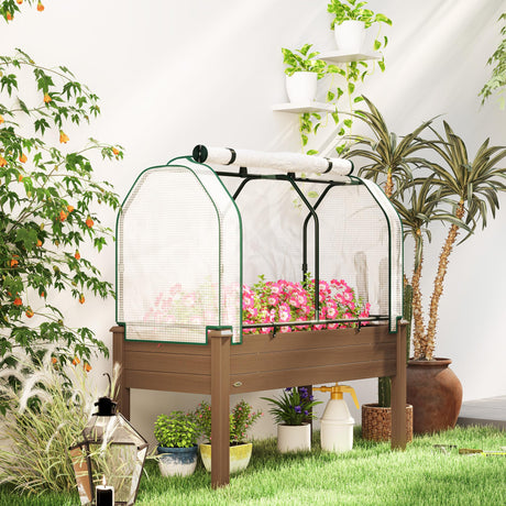 Outsunny Raised Garden Bed with PE Greenhouse Cover Outdoor Elevated Wood Planter Box for Herbs and Vegetables, Use for Patio, Backyard, Balcony, 48 x 22 x 46 inch, Brown Outsunny