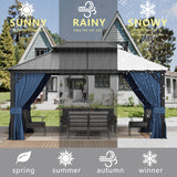 ASJMR 12x16ft Gazebo Metal Roof Hardtop Gazebo, Aluminum Outdoor Pergola with Curtains and Netting, 2-Layer Hard top Galvanized Iron Pergola Suitable for Courtyards, Backyards,Decks,and Grass,Pool ASJMR
