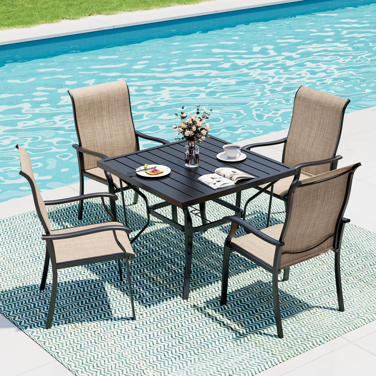 Pamapic 5 Pieces Patio Dining Set, Outdoor Dining Set for Garden Backyard Poolside Deck,Outdoor Table and Chairs Set with 4 Textilene Chairs,Beige Pamapic