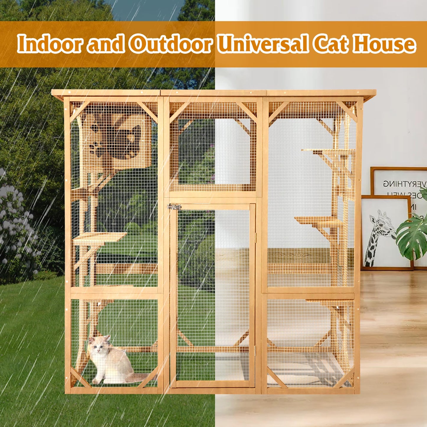 Grepatio Cat Enclosure Large Outdoor Catio Wooden Cat House with Weatherproof, Cat Cage Condo Indoor Playpen with Platform and Small House(Natural)