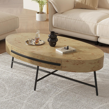 Oval Coffee Table with Drawer, Farmhouse Wooden Center Table 47.2" with Storage, Cross Metal Legs, Unique Curved Design, Center Tables for Living Room, Walnut Finish, Modern Rustic Accent Tea Table IDEALHOUSE