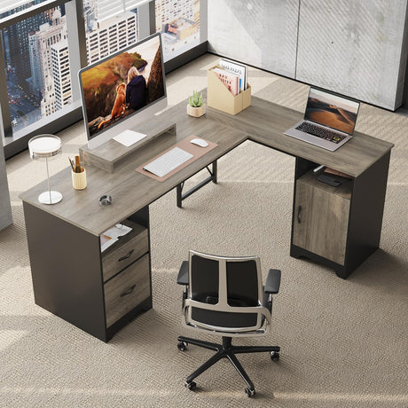 Bestier L Shaped Desk with File Drawers, 63" x 47" Office Computer Desk with Storage Cabinet, Corner Desk with Monitor Stand & Modesty Panel for Home Office, Dark Gray Bestier