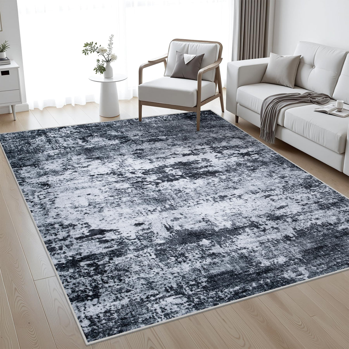 5x7 Area Rug Living Room Rug: Washable Modern Abstract Soft Thin Rug Indoor Floor No Slip Stain Resistant Carpet for Bedroom Dining Room Farmhouse Nursery Home Office - Black FXRHLP