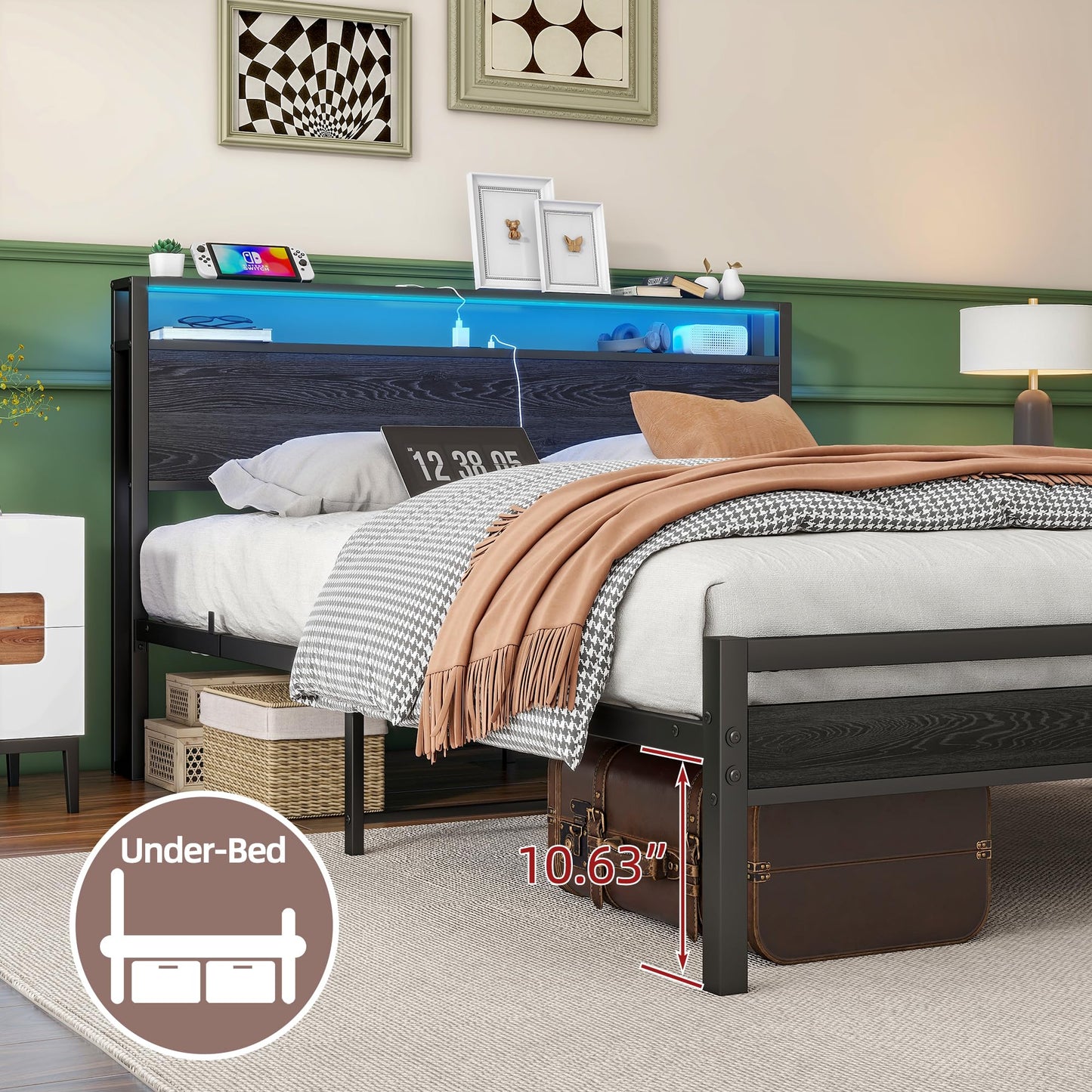 BOFENG Queen Metal Bed Frame with Storage Headboard, LED Lights & Charging Station - WoodArtSupply