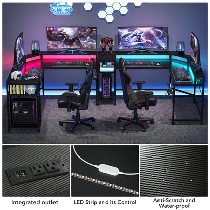 Tribesigns L-Shaped Gaming Desk with Power Outlets & LED Strips, L-Shaped Computer Desk with Storage Shelves, Corner Computer Desk with Monitor Stand, Black Modern Writing Desk Home Office, G - WoodArtSupply