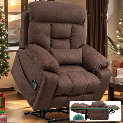 PUG258Y 4-Motor Power Lift Recliner Chair for Big and Tall Seniors: 9689Pro Lay Flat Lift Chair with Heat and Massage, Reclining to 180, Adjustable Headrest and Lumbar - Velvet Fabric - Nut Brown