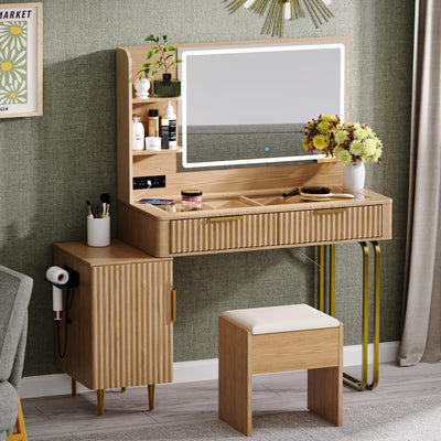 Galasil Fluted Make Up Vanity Desk with Mirror and Lights Chair,Wooden Vanities Desk with Glass top,Oak Vanity, Adjustable Side Cabinet,Modern Dressing Table Set w/Charging Station for Bedroom