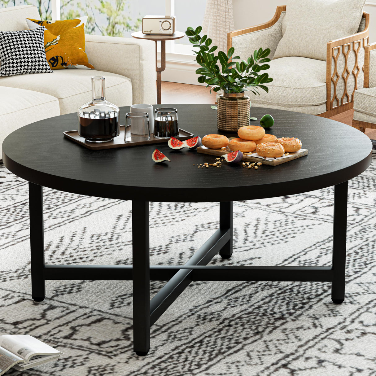 FURMORENE Coffee Table, 31.5" Large Coffee Tables, Black Round Coffee Tables for Living Room, Floor Table for Sitting on The Floor, Center Coffee Table with Metal Frame for Office Apartment Home FURMORENE