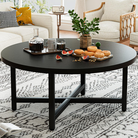 FURMORENE Coffee Table, 31.5" Large Coffee Tables, Black Round Coffee Tables for Living Room, Floor Table for Sitting on The Floor, Center Coffee Table with Metal Frame for Office Apartment Home FURMORENE