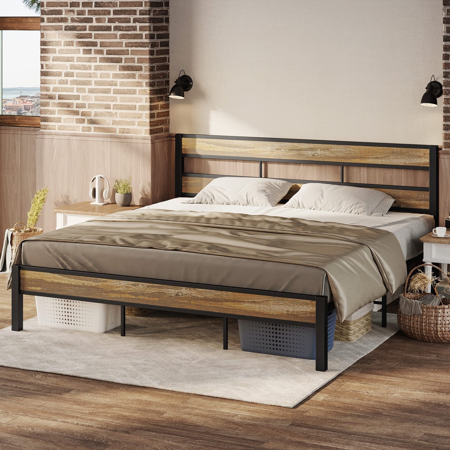 Rustic Brown LIKIMIO King Bed Frame with Headboard – Easy Assembly, Noise-Free, No Box Spring Required - WoodArtSupply