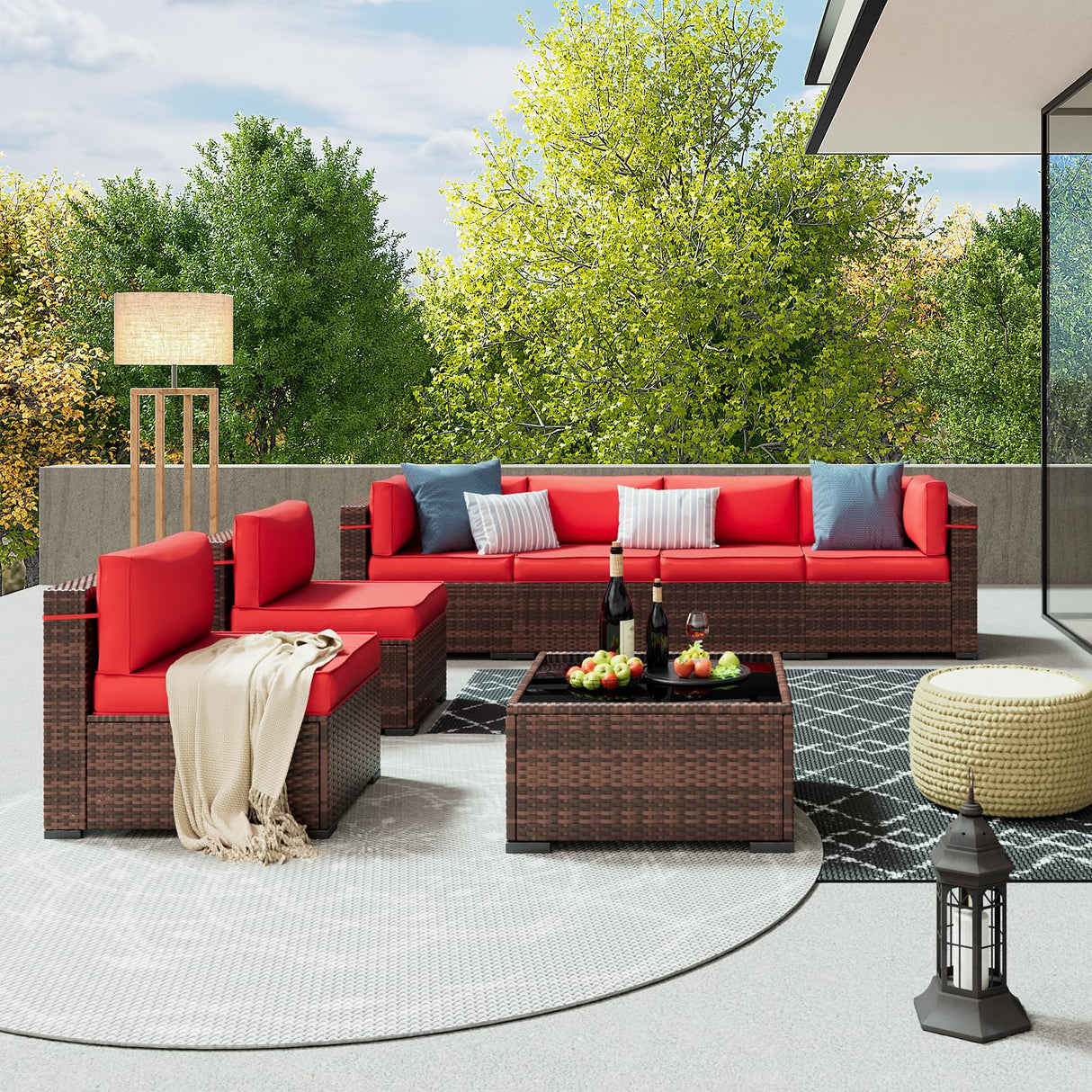 Amopatio Patio Furniture Set 7 Pieces Patio Conversation Set Outdoor Sectional Wicker Rattan Sofa with All-Weather Cover, Patio Furniture with Pillows Fits Porch Garden Backyard Balcony(Red) Amopatio