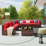 Amopatio Patio Furniture Set 7 Pieces Patio Conversation Set Outdoor Sectional Wicker Rattan Sofa with All-Weather Cover, Patio Furniture with Pillows Fits Porch Garden Backyard Balcony(Red) Amopatio