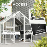 PawHut Large Catio Outdoor Cat Enclosure for Multiple Kittens, Wooden Cat House with Waterproof Cover, Walk in Kitty Cage Kennel with 2 Condos, 6 Platforms, Bridge, Doors, 110" x 73" x 74", White PawHut