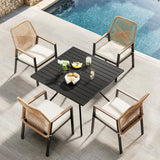 SUNCOZE Outdoor Patio Dining Set, 5 Pieces Rattan Patio Table and Chairs Set with Cushion and Umbrella Hole, Wicker Outdoor Patio Furniture Sets of 4 for Backyard and Porch, Beige SUNCOZE