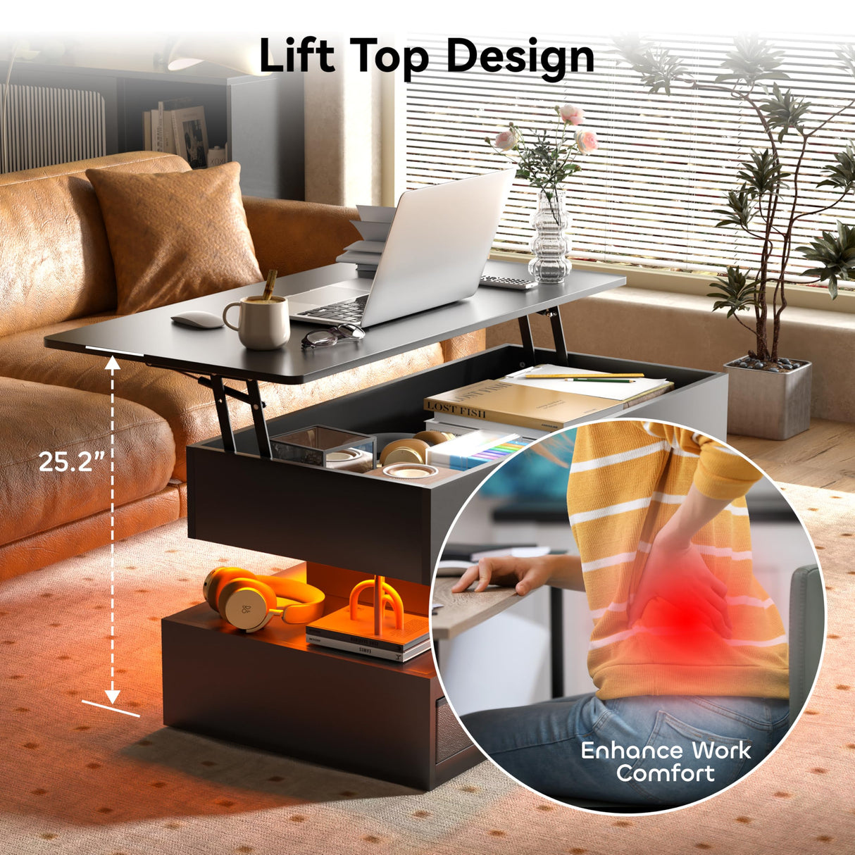 Oransail 40" Lift Top Coffee Table, Led Coffee Table with 3 Fabric Storage Drawers and Hidden Compartmen, Farmhouse Coffee Tables for Living Room Oransail