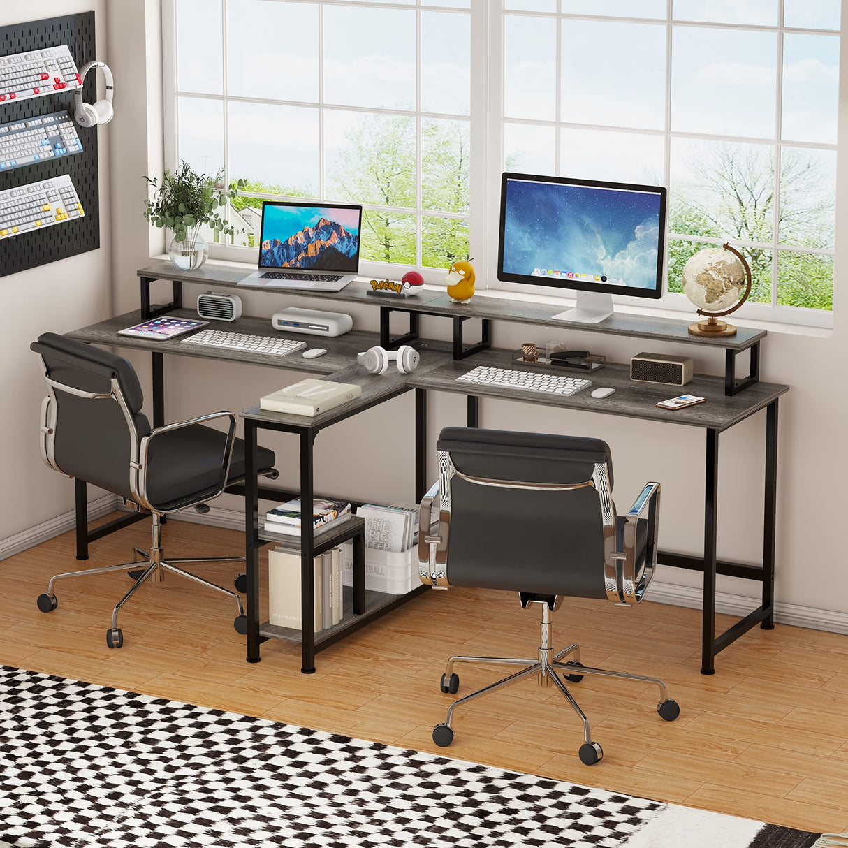 Mexin Two Person Desk-83.7 Inch Double Computer Desk with Monitor Stand and Power Outlets, Office Desk with Storage Shelves, Long Workstation Desk for Home Office, Gray Oak Mexin