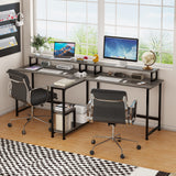 Mexin Two Person Desk-83.7 Inch Double Computer Desk with Monitor Stand and Power Outlets, Office Desk with Storage Shelves, Long Workstation Desk for Home Office, Gray Oak Mexin
