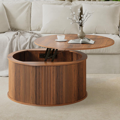 NVETHM Round Coffee Table, Lift Top Coffee Table with Storage, Farmhouse Fluted Center Table Circle Dining Table for Living Room, Reception Room, Home Office (Walnut)