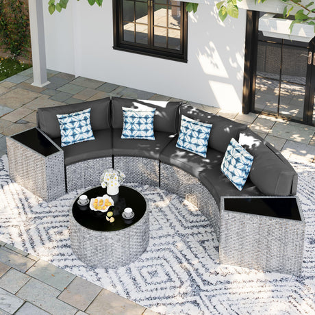 UDPATIO Patio Furniture Set,Fully Assembled Outdoor Sectional Sofa，Half-Moon Curved Modular 7 Pieces Heavy Duty Wicker Furniture Set with Round Coffee Table, for Porch,Backyard,Grey UDPATIO