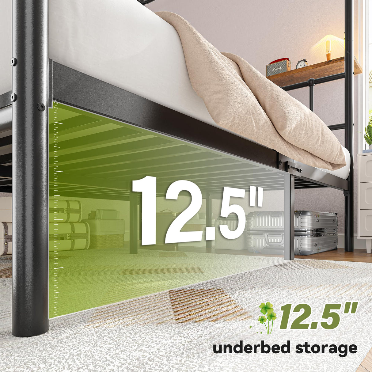 Homkdom Canopy Bed Frame with Storage Headboard, Queen Size Bed Frame with 4 Removable Posts, Sturdy Metal Platform with Under-Bed Storage, Dual Purpose Bed Frame, No Box Spring Needed, Black Homkdom