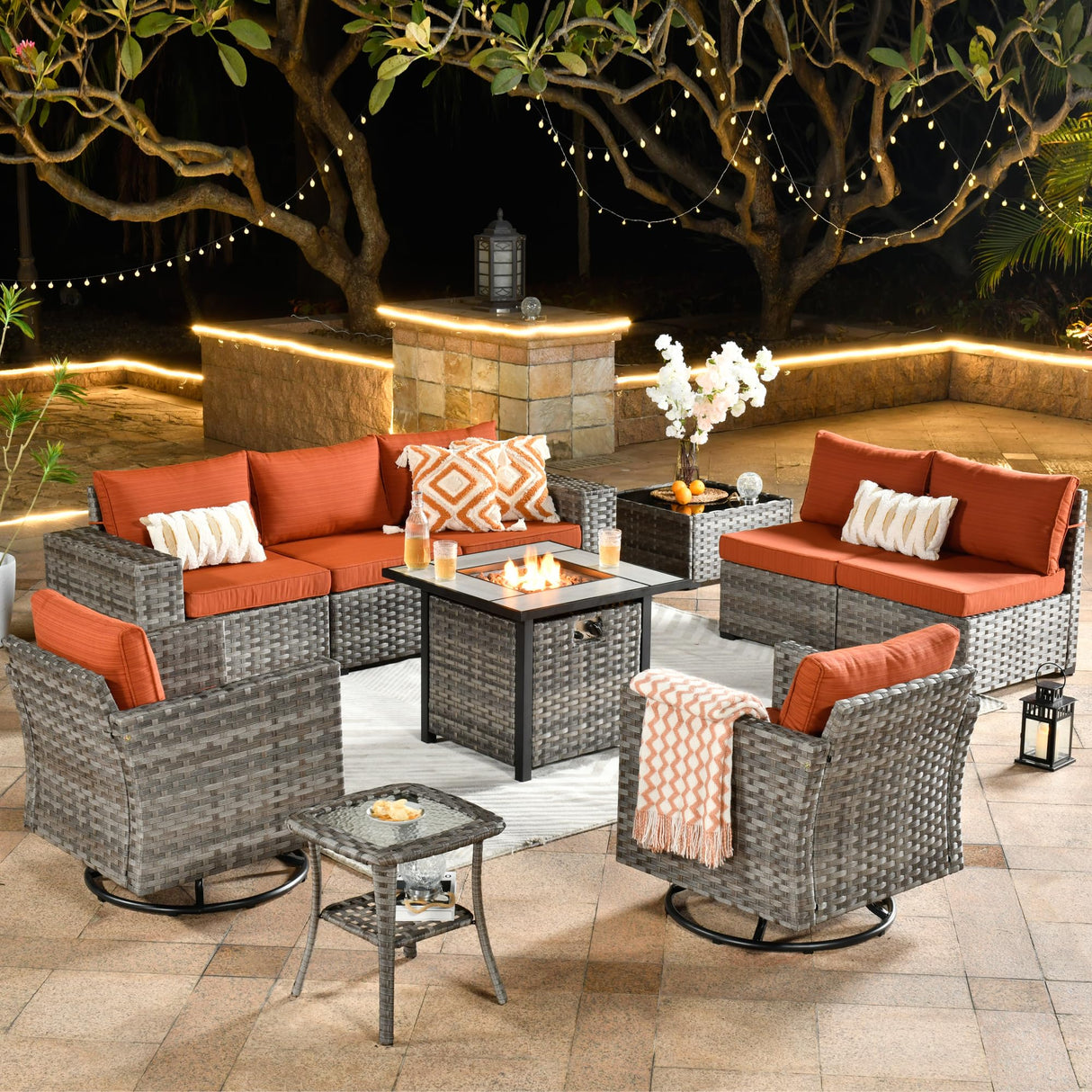 HOOOWOOO 10 Piece Modular Patio Outdoor Sectional Furniture Set with Gas Propane Fire Pit Table,Wicker Conversation Sofa Set with Swivel Chairs,Outside Couch Set(Orange Red) HOOOWOOO