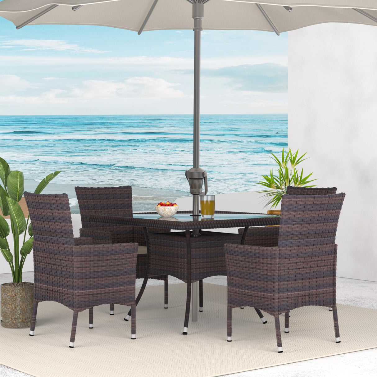 Kurapika 10-Piece Patio Furniture Outdoor Dining Set, Wicker Rattan Patio Dining Table and Chairs Set, Square Tempered Glass Tabletop with Umbrella Hole and 8 Chair Set, Sand Kurapika