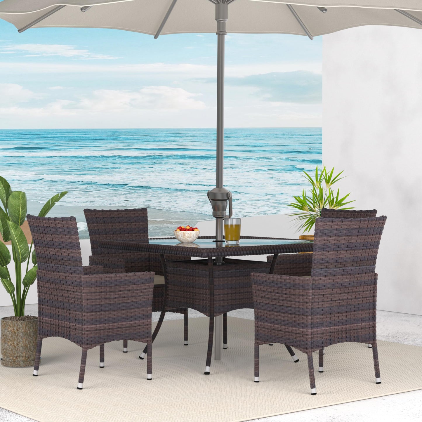 Kurapika 10-Piece Patio Furniture Outdoor Dining Set, Wicker Rattan Patio Dining Table and Chairs Set, Square Tempered Glass Tabletop with Umbrella Hole and 8 Chair Set, Sand - WoodArtSupply