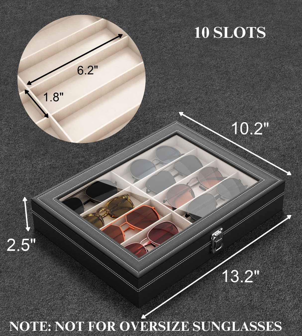 NEWLOOP Sunglass Organizer for Women Men - Multiple Pair of Sunglasses Storage Box Eye Glass Watch Leather Display Case with 10 Slots Black NEWLOOP
