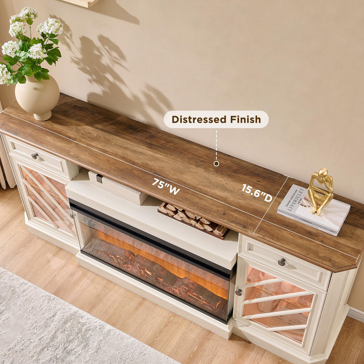 OKD 75 Inch 3-Sided Electric Fireplace TV Stand for TVs up to 85'',Modern Highboy Entertainment Center with 36" Fireplace & LED Lights,Widen Drawers and Glass Door Storage Cabinet, Antique White OKD