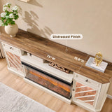 OKD 75 Inch 3-Sided Electric Fireplace TV Stand for TVs up to 85'',Modern Highboy Entertainment Center with 36" Fireplace & LED Lights,Widen Drawers and Glass Door Storage Cabinet, Antique White OKD