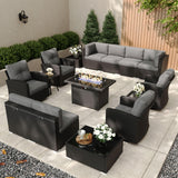 KHOLH Patio Furniture Set with Fire Pit Table, 15 Pieces Outdoor All-Weather Wicker Conversation Sectional Chair Sofa Set with 4 Swivel Chairs KHOLH