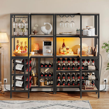 YITAHOME Large Corner Bar Wine Rack Cabinet, 5-Tier L Shaped Industrial Corner Wine Rack Open Display Liquor Storage Cabinet with LED Light and Power Outlet and Glass Holder, Dark Grey