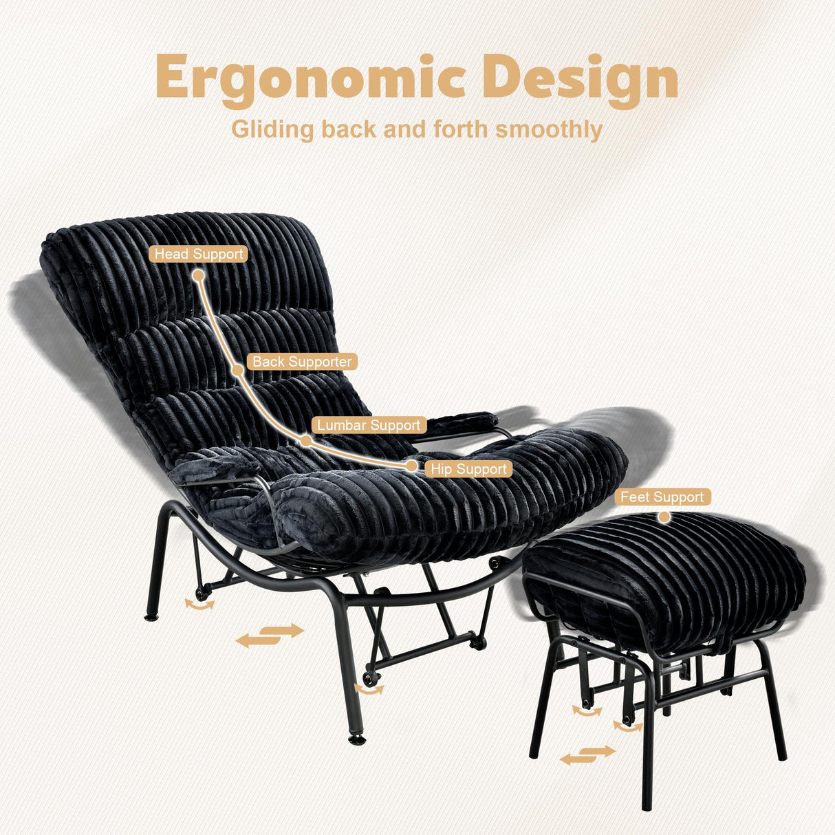 ovios Rocking Chair with Ottoman, Glider Recliner with Footrest, Lazy Accent Armchair with Comfy Cushion for Living Room Bedroom Office, Cloud Plush Corduroy, Black ovios