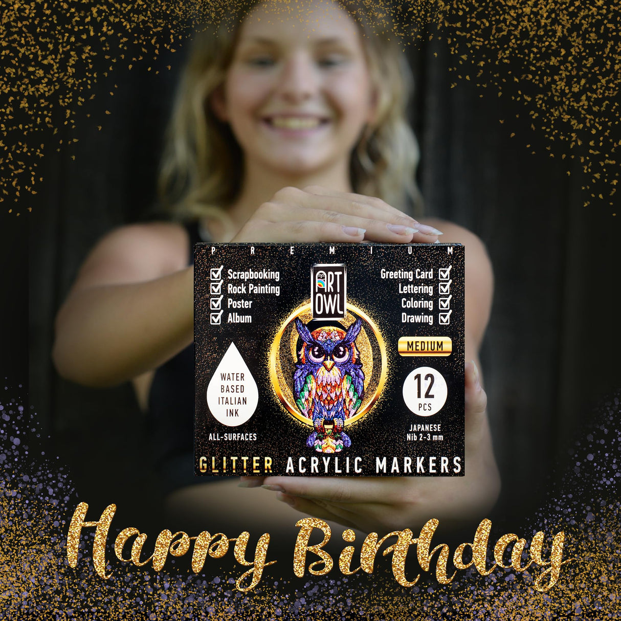 Art Owl Acrylic Glitter Paint Marker Pens, Medium Pens for Rock Painting, Stone, Ceramic, Glass, Wood, Fabric, Card Making, Canvas, DIY Crafts - Set of 12 Sparkle Paint Markers Art Owl