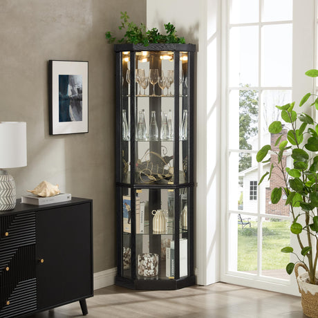 extrasleep Lighted Corner Curio Cabinet - Elegant Glass Display Case for Living Room & Bar Storage - Perfect for Antique Collections & Wine - Includes Built-in Lighting - Black extrasleep