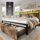 EnHomee Farmhouse King Size Bed Frame with 2 Storage Drawers & LED, Metal King Bed Frame Built in Charging Station,NO Noise,No Box Spring Needed,Brown EnHomee