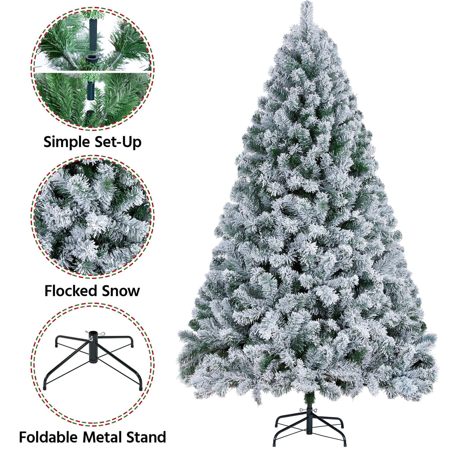 Yaheetech 6ft Premium Snow Flocked Artificial Christmas Tree Hinged Pine Full Holiday Xmas Tree for Home Office Party Decoration with 820 Branch Snow Tips and Metal Stand