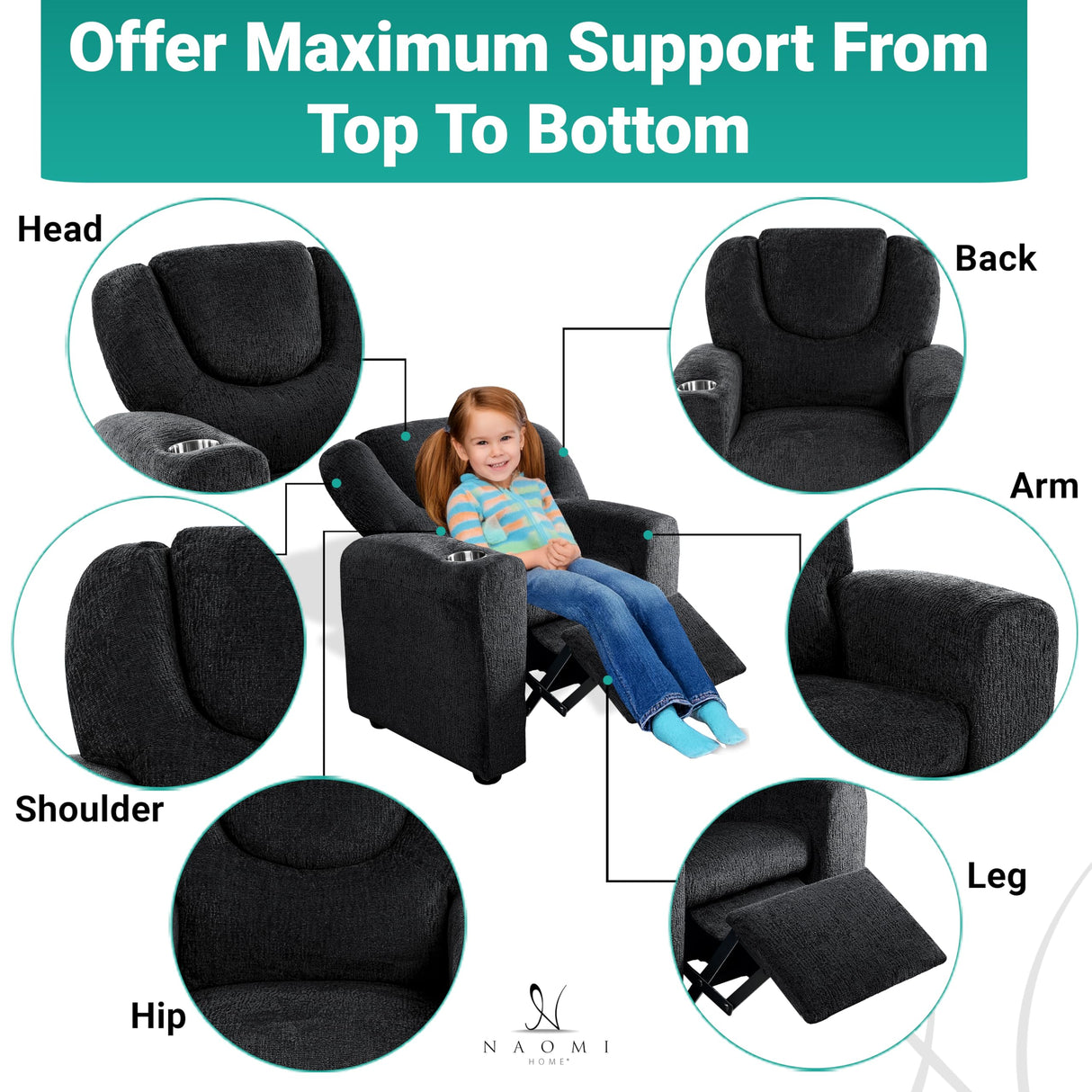 Naomi Home Suri Kids Recliner Chair with Cup Holder & Footrest, Black Chenille - Cozy Lounge for Toddlers & Children Naomi Home