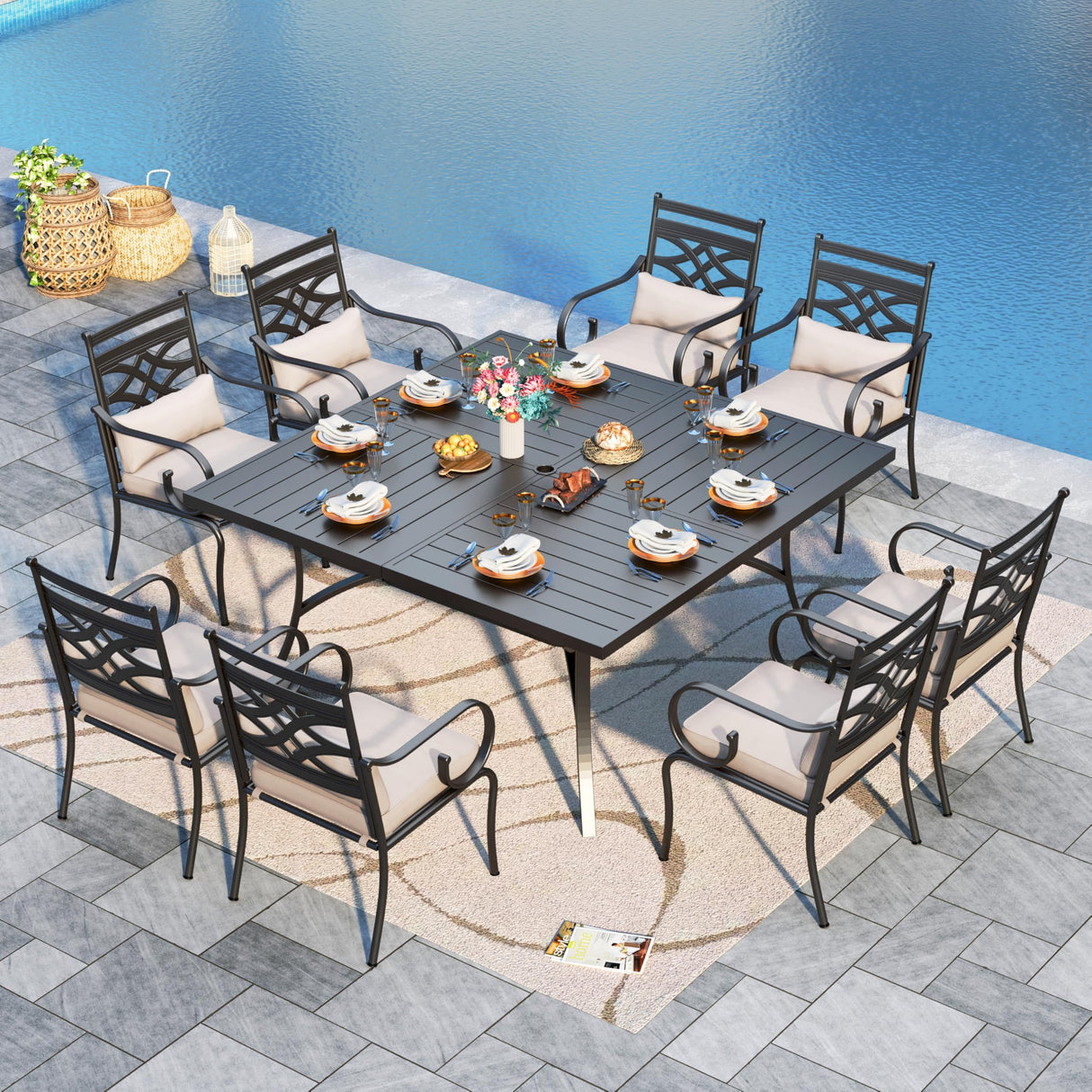 Sophia and William Outdoor Patio Dining Set for 8, Outdoor Table and Chairs, Removable Seat Cushions, 60" Square Black Patio Dining Table Sophia & William
