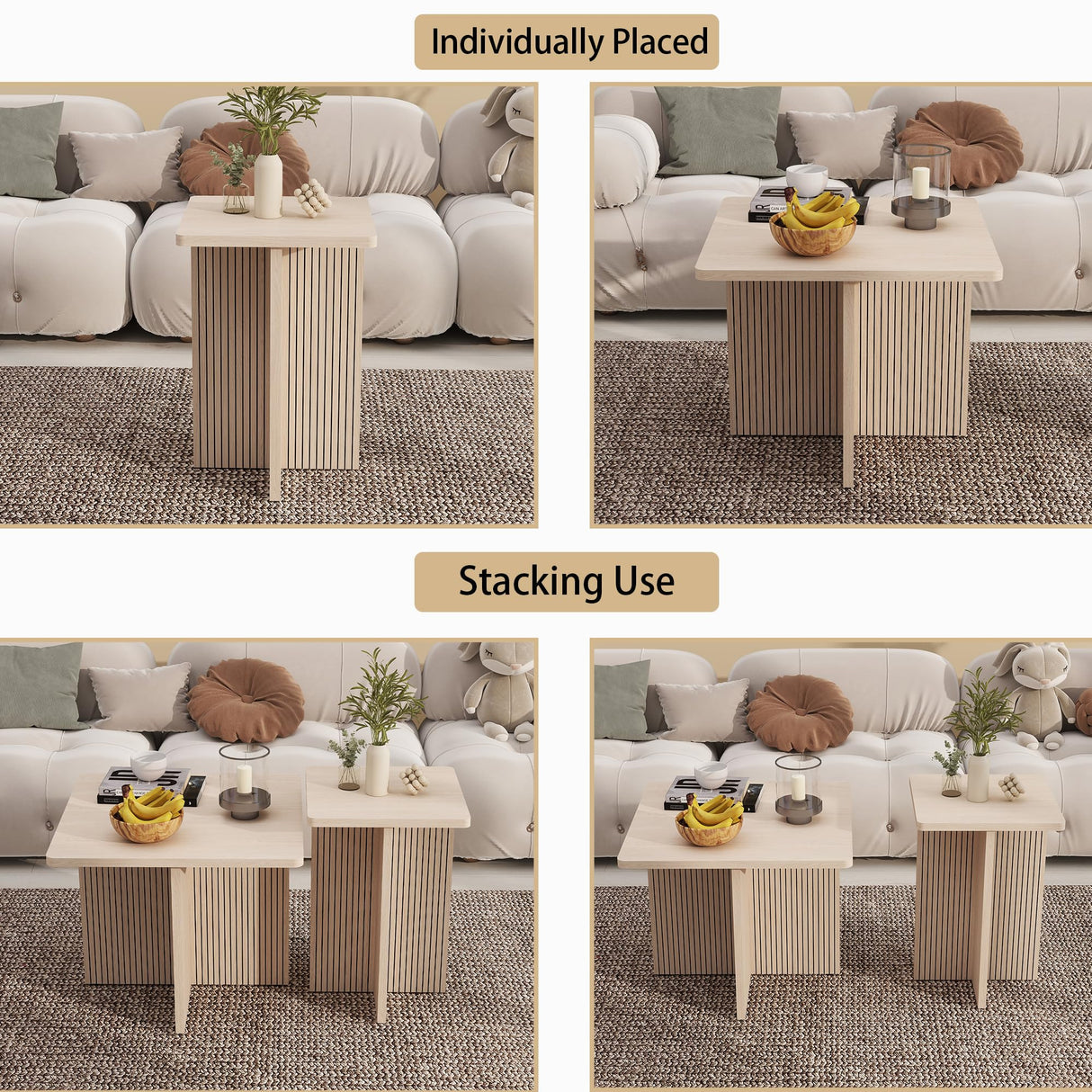 Nesting Wood Grain Color Tables for Living Room: Nesting Coffee Table Set of 2, Modern Wooden Square Center & Side Piece, Fluted Design Small End Stand for Spaces LABROSKIA