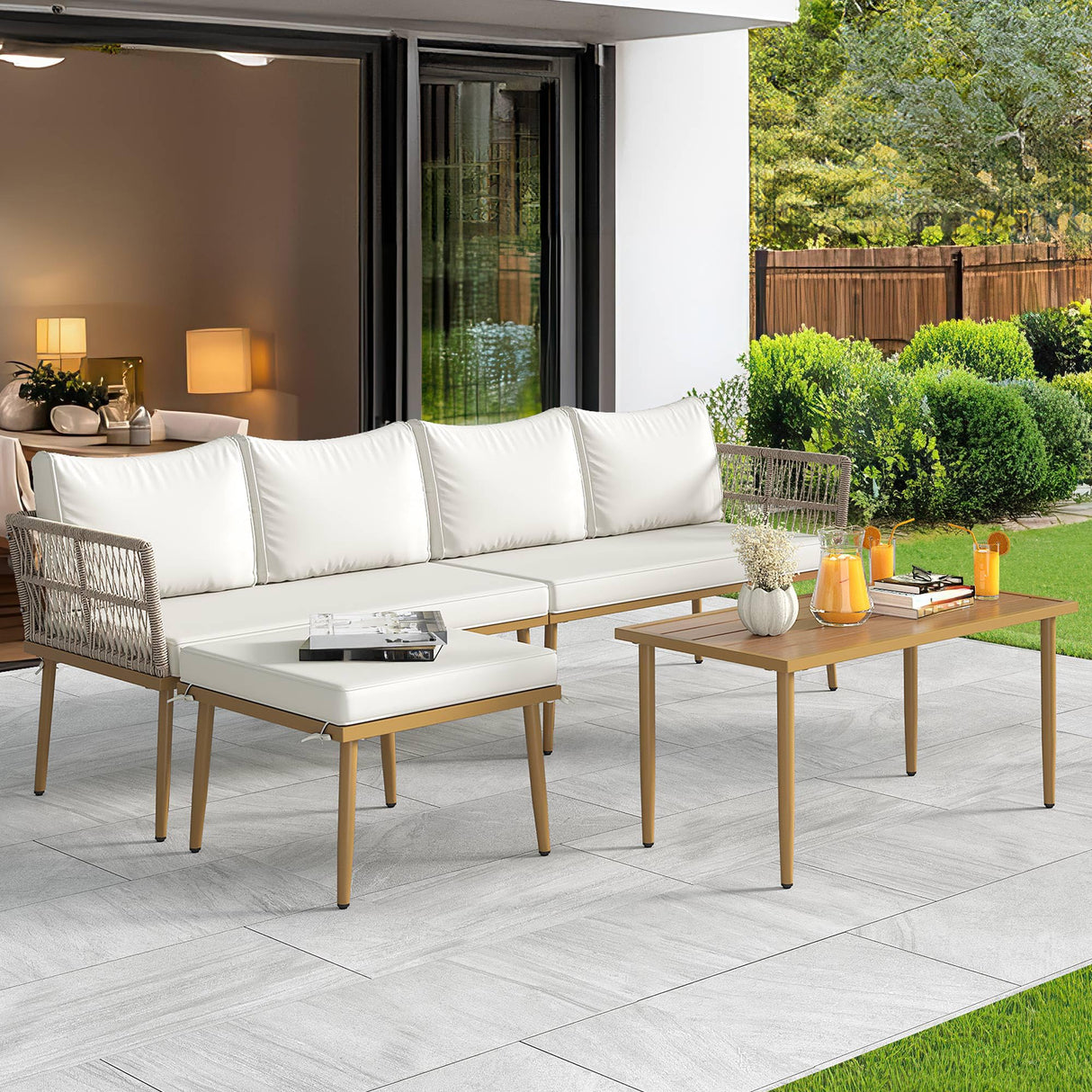 YITAHOME Patio Furniture Set, 6 Pieces Outdoor Rattan Woven Sectional Sofa Patio Loveseat with Ottoman and and Side Table, Conversation Set for Backyard, Porch, Boho - Beige YITAHOME