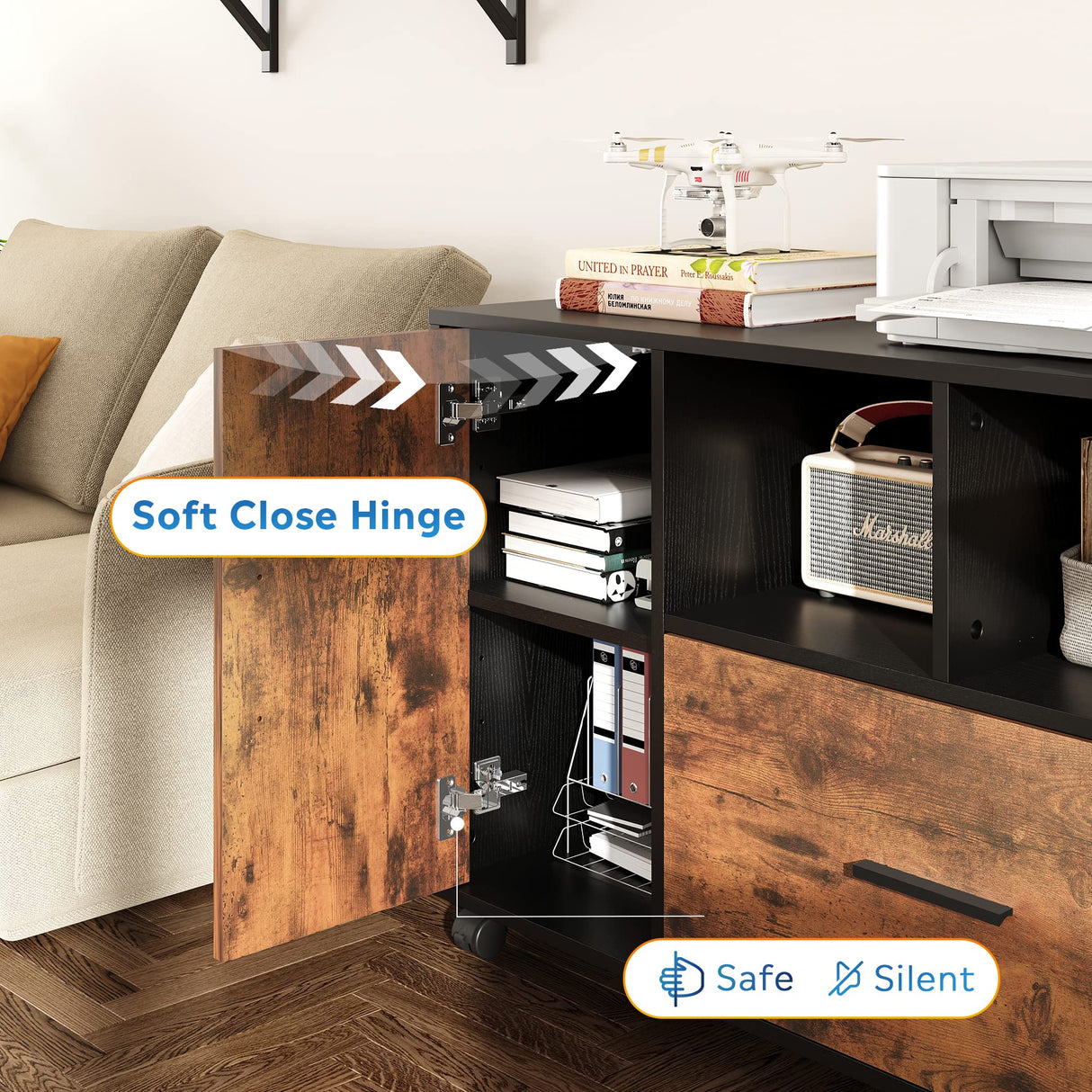 DEVAISE File Cabinet with Lock, 1 Drawer Rolling File Cabinet, Wood Lateral Filing Cabinet for Home Office, Printer Stand with Storage, Rustic Brown DEVAISE