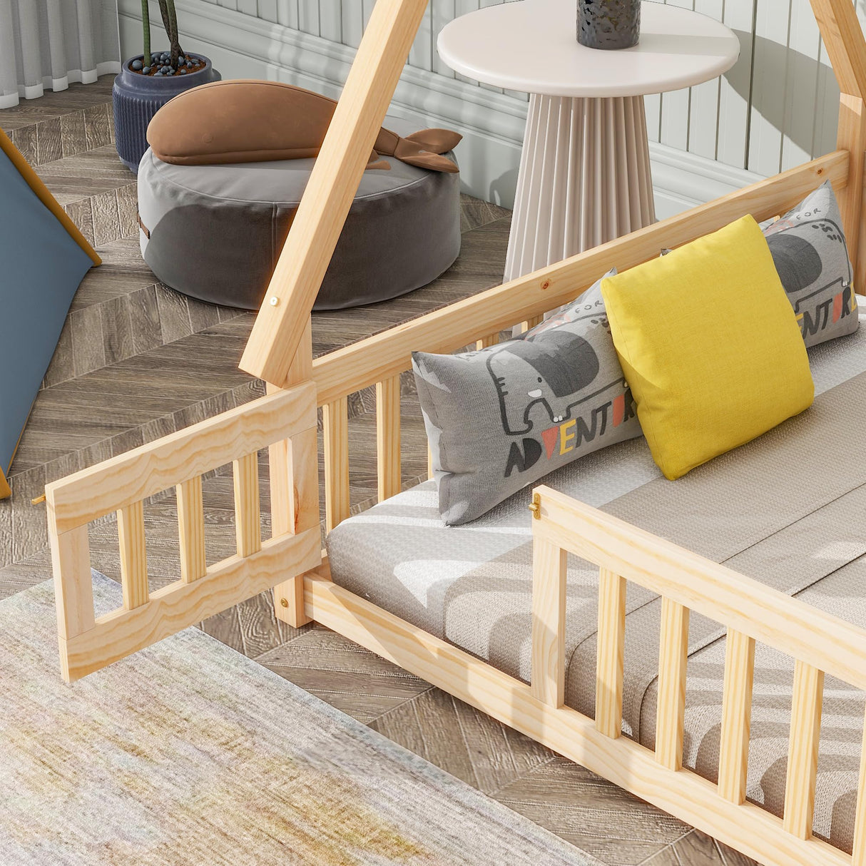 MERITLINE Natural Full Size Montessori Floor Bed with Teepee Design and Fence Rails for Kids MERITLINE