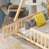 MERITLINE Natural Full Size Montessori Floor Bed with Teepee Design and Fence Rails for Kids MERITLINE