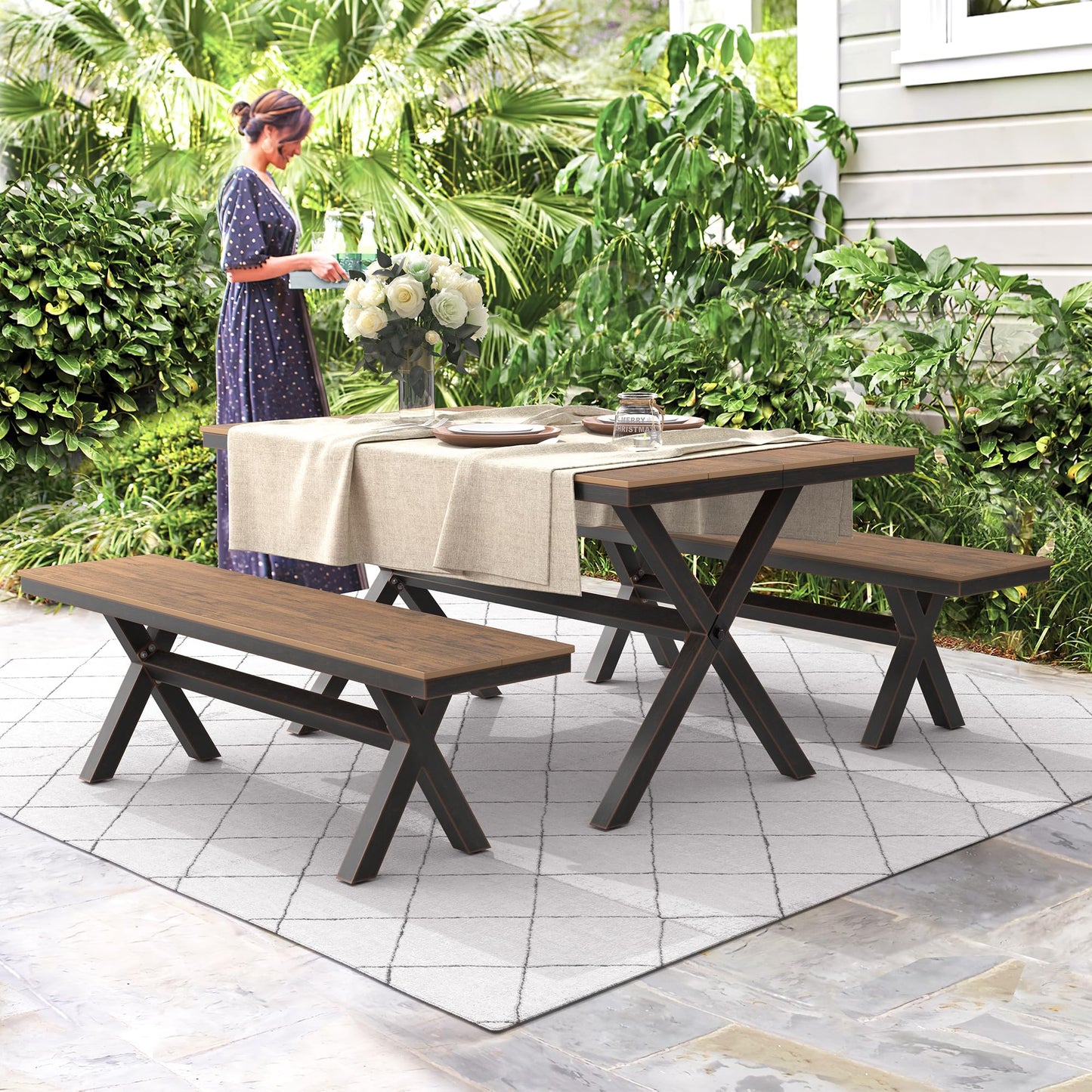 Cozyman Outdoor Dining Table for 6, HDPS and Alium Material, Patio Dining Table with X-Legs, 3-Year Warranty,Weather Resistant Dining Tables for Patio,Yard, Garden,and Lounge, Brown-Oil Printed