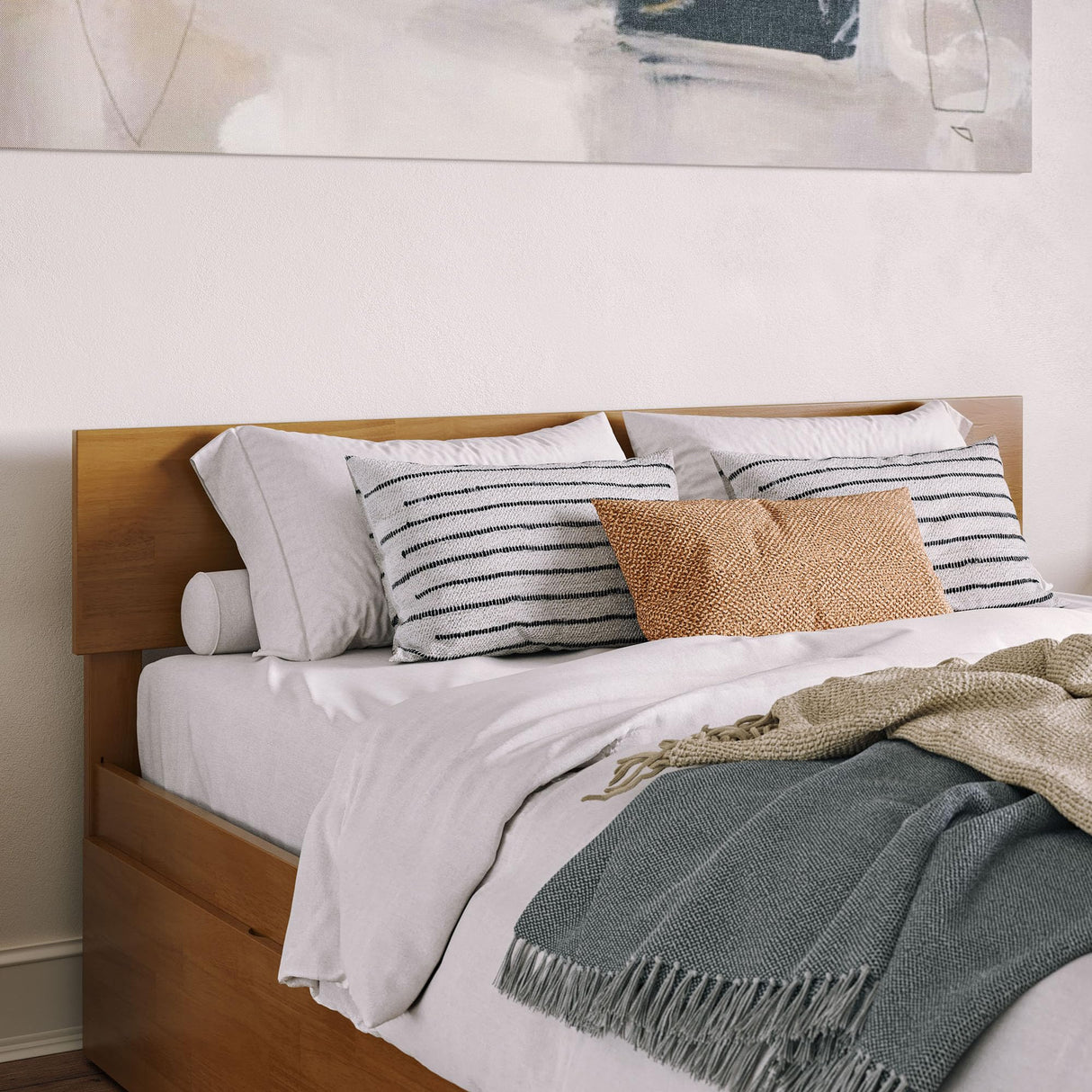 AFI Orlando Queen Solid Wood Platform Bed with Footboard & Twin XL Trundle in Light Toffee AFI